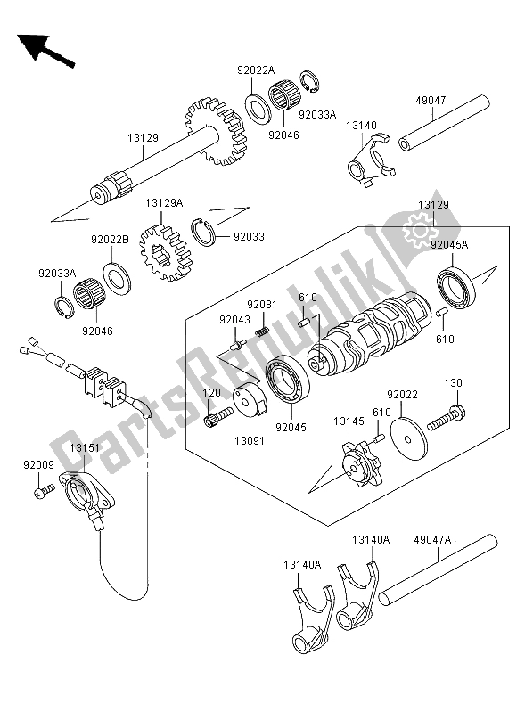 Alle onderdelen voor de Versnelling Veranderen Drum & Schakelvork van de Kawasaki KLF 300 2004