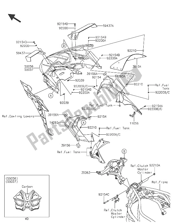 Alle onderdelen voor de Motorkap van de Kawasaki Ninja H2R 1000 2016