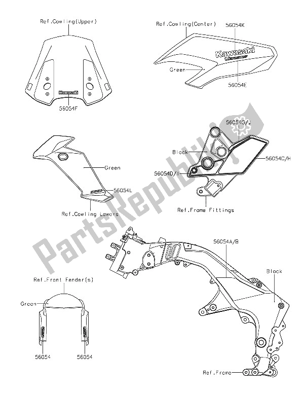 All parts for the Decals (green) of the Kawasaki Versys 1000 2016