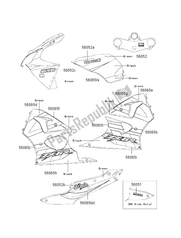 Tutte le parti per il Decalcomanie (verde-nero) del Kawasaki Ninja ZX 6R 600 2002