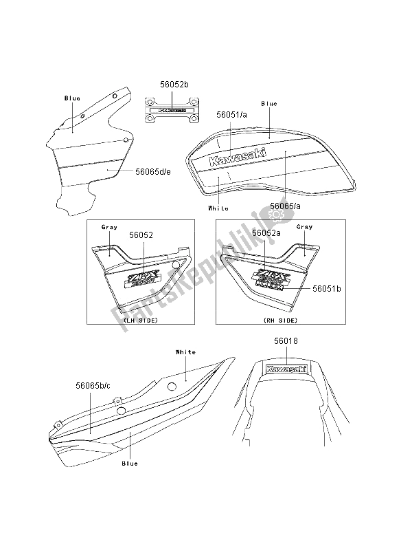 All parts for the Decals (blue-white) of the Kawasaki ZRX 1200R 2002
