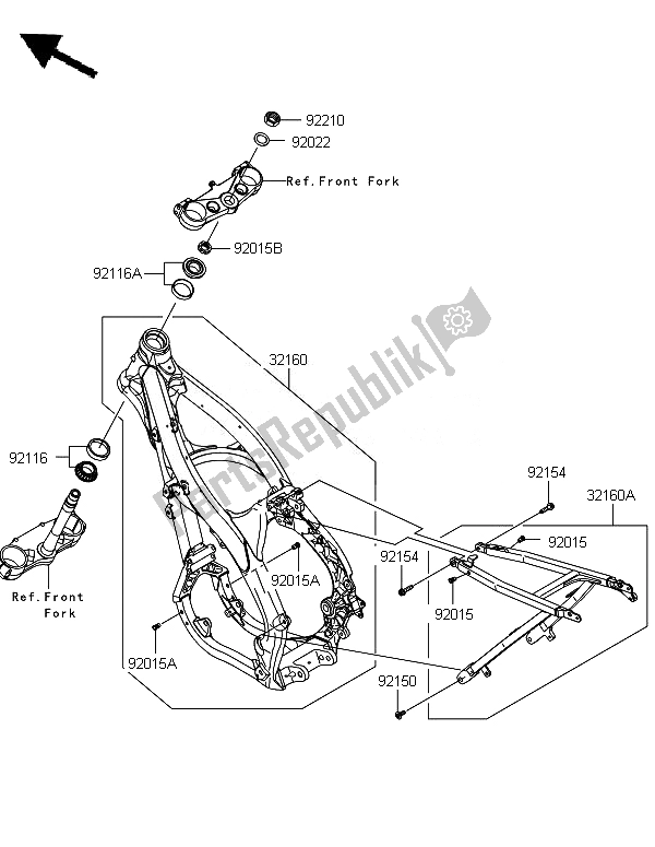 All parts for the Frame of the Kawasaki KX 250F 2010