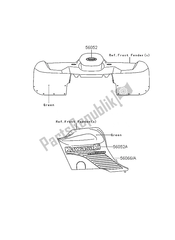 Alle onderdelen voor de Stickers (groen) van de Kawasaki KVF 360 4X4 2005