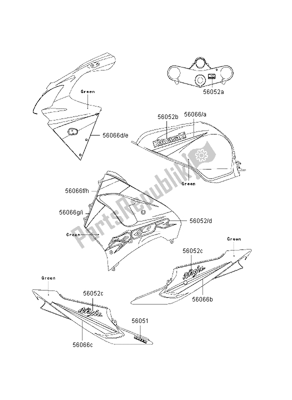 All parts for the Decals (green) of the Kawasaki Ninja ZX 9R 900 2003