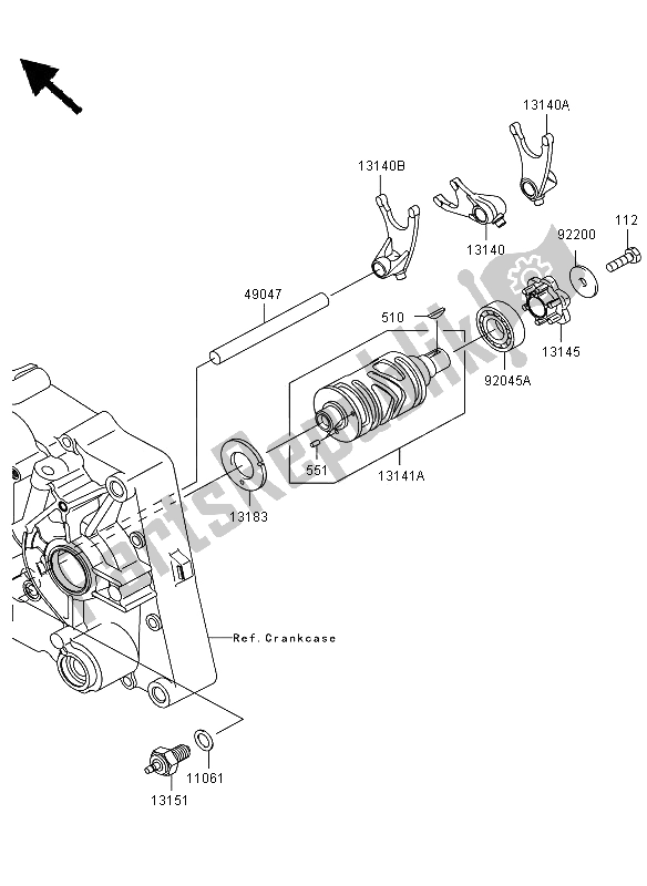 All parts for the Gear Change Drum & Shift Fork(s) of the Kawasaki D Tracker 125 2013