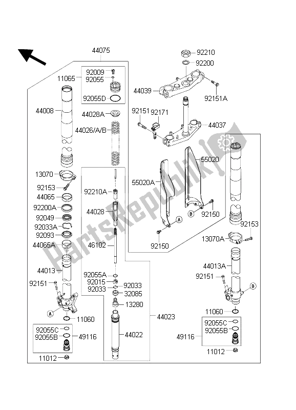 All parts for the Front Fork of the Kawasaki KX 125 2004