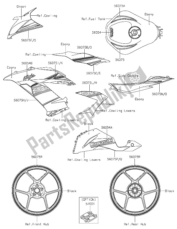 Todas as partes de Decalques (verde) do Kawasaki Ninja ZX 6R 600 2016