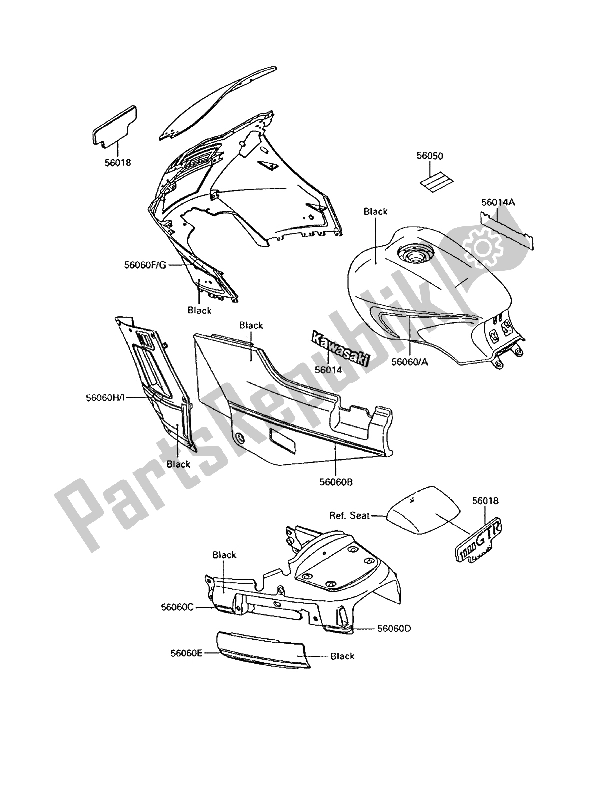 All parts for the Decals (ebony) of the Kawasaki 1000 GTR 1992