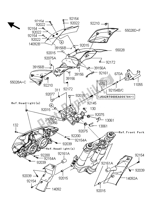 All parts for the Cowling (upper) of the Kawasaki Z 1000 ABS 2010