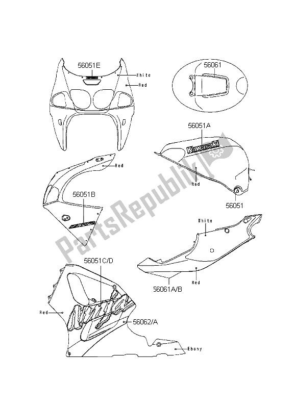 All parts for the Decals (red) of the Kawasaki Ninja ZX 7R 750 1999
