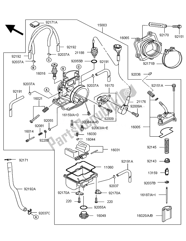 All parts for the Carburetor of the Kawasaki KX 250 2007