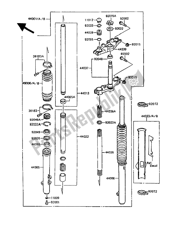 All parts for the Front Fork of the Kawasaki KMX 125 1989