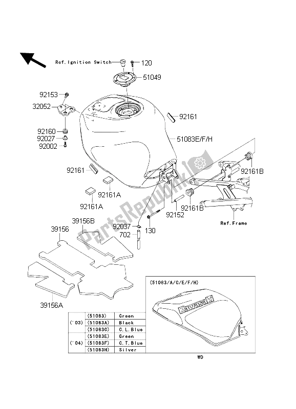 All parts for the Fuel Tank of the Kawasaki Ninja ZX 6R 600 2004