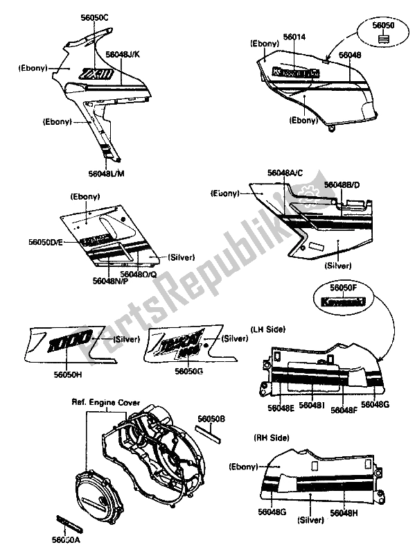 All parts for the Decal (ebony-silver) of the Kawasaki ZX 10 1000 1989