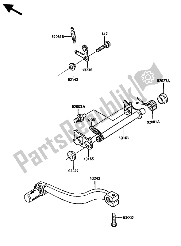 All parts for the Gear Change Mechanism of the Kawasaki KX 80 1986