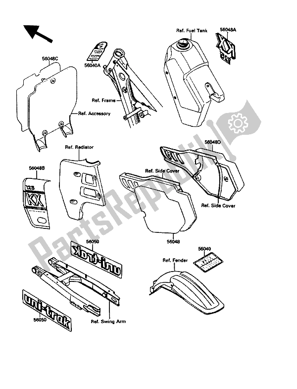 All parts for the Labels of the Kawasaki KX 125 1989