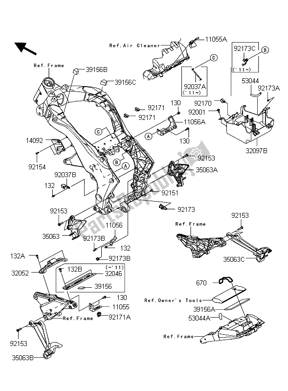Alle onderdelen voor de Frame Hulpstukken van de Kawasaki Z 1000 2011