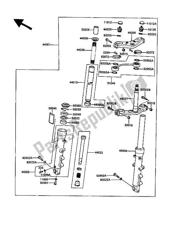 All parts for the Front Fork of the Kawasaki 1000 GTR 1991