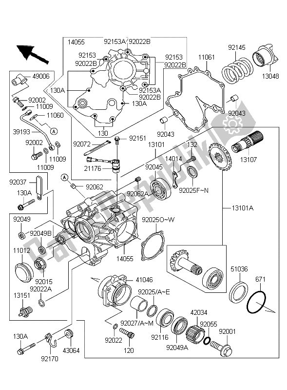 All parts for the Front Bevel Gear of the Kawasaki VN 1600 Mean Streak 2004