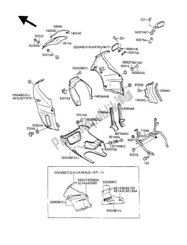 Alle onderdelen voor de Motorkap van de Kawasaki GPX 600R 1989