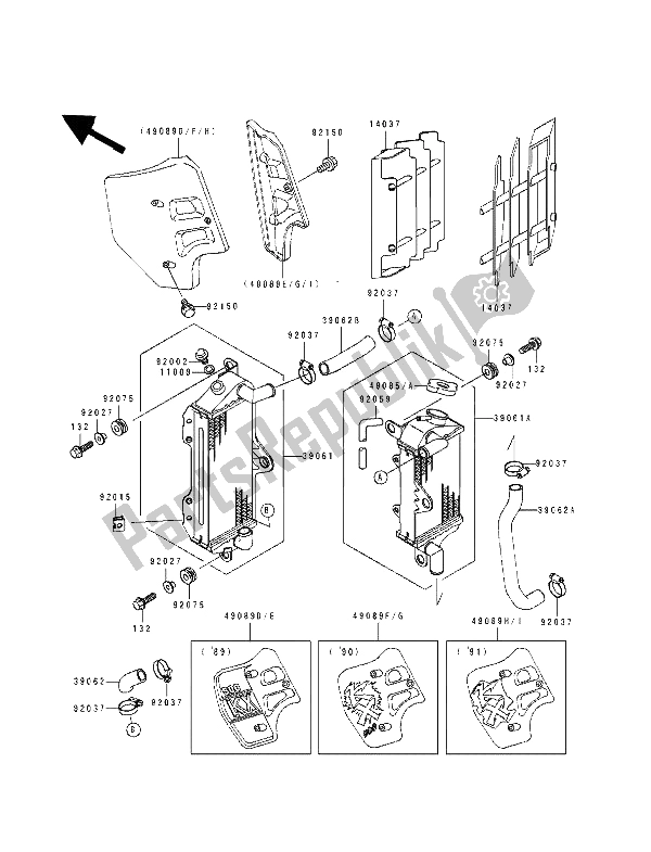 All parts for the Radiator of the Kawasaki KX 500 1990