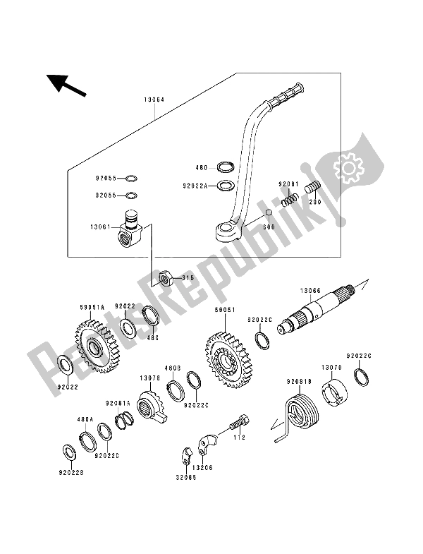 Alle onderdelen voor de Kickstarter-mechanisme van de Kawasaki KDX 200 1993