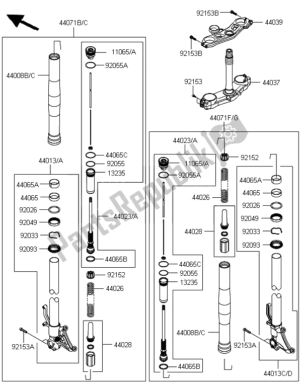 All parts for the Front Fork of the Kawasaki Ninja ZX 10R ABS 1000 2014