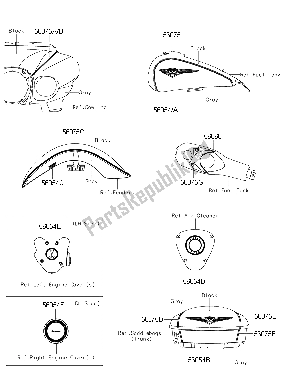 All parts for the Decals (gray-black) of the Kawasaki Vulcan 1700 Voyager ABS 2015