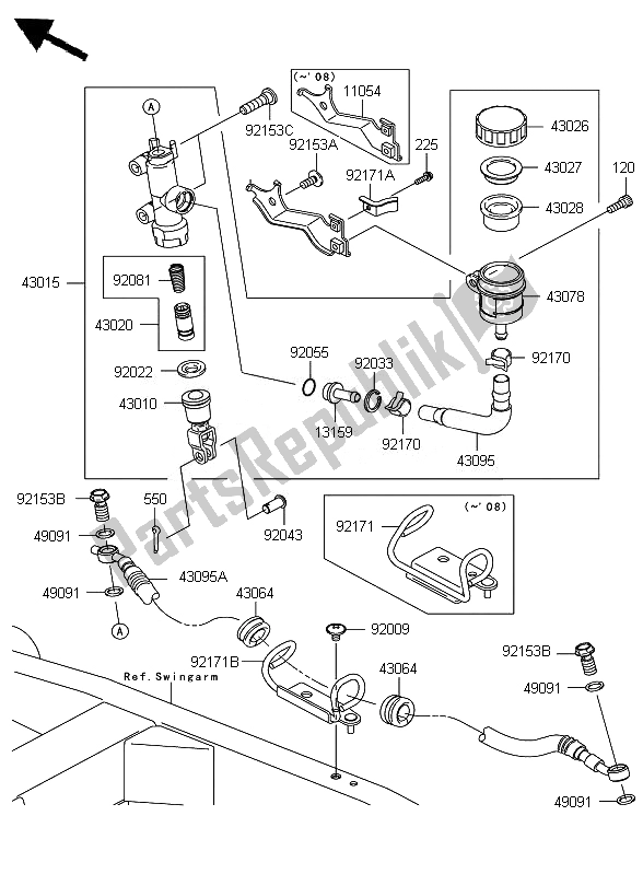 Alle onderdelen voor de Achterste Hoofdcilinder van de Kawasaki Z 750 2007