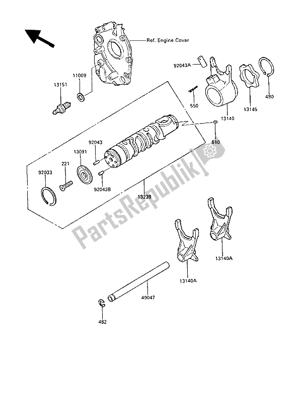All parts for the Gear Change Drum & Shift Fork(s) of the Kawasaki GPZ 600R 1988