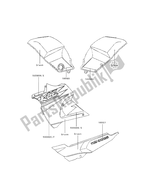 Tutte le parti per il Decalcomanie (verde) del Kawasaki KLE 500 1994