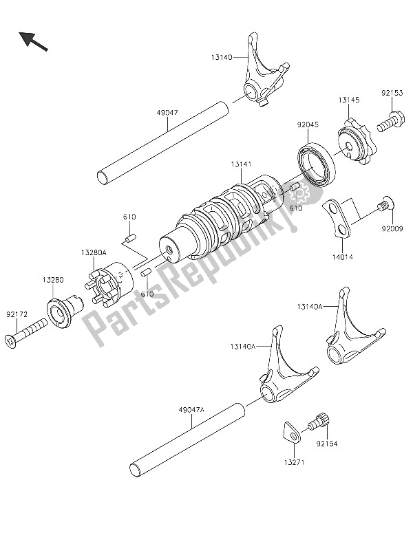 All parts for the Gear Change Drum & Shift Fork(s) of the Kawasaki Vulcan S 650 2016