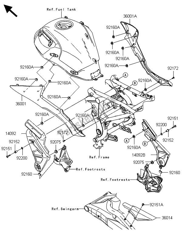 Alle onderdelen voor de Zijafdekkingen En Kettingafdekking van de Kawasaki Versys 1000 ABS 2014