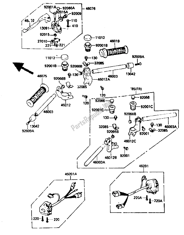 All parts for the Handlebar of the Kawasaki GPZ 750 1985