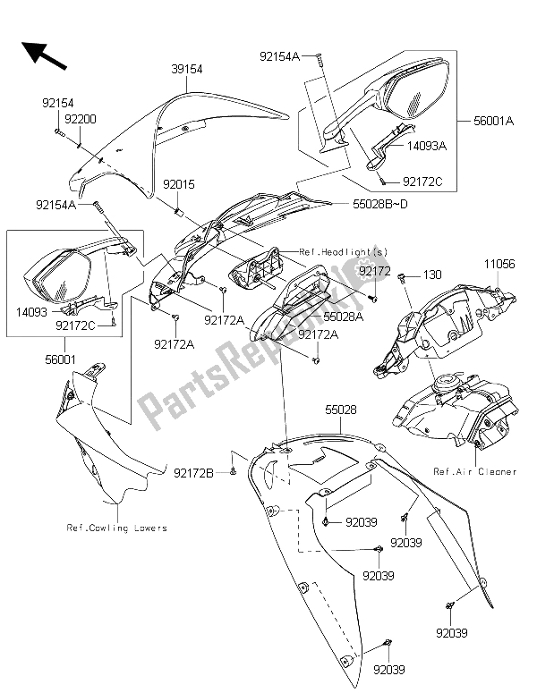 All parts for the Cowling of the Kawasaki Ninja ZX 10R 1000 2015