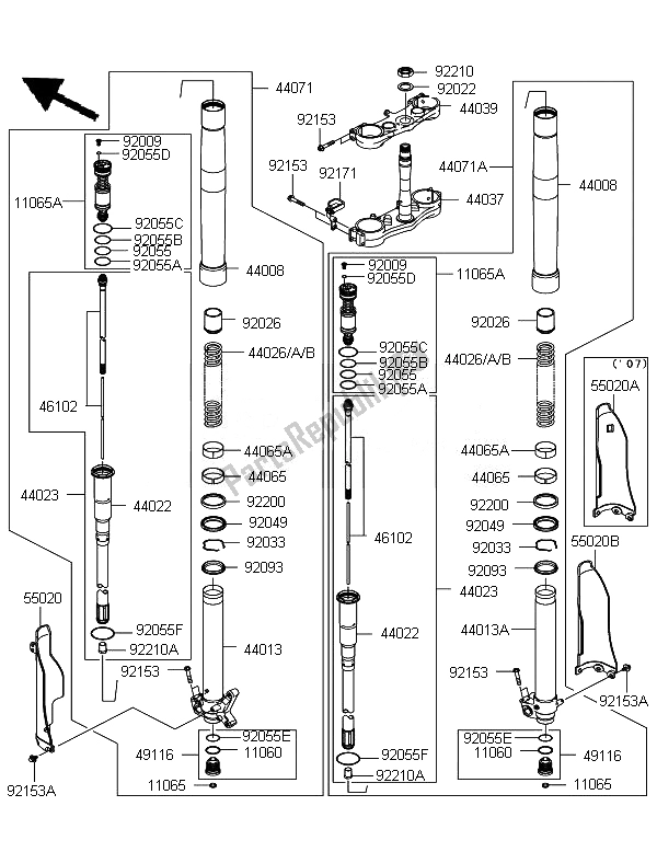 All parts for the Front Fork of the Kawasaki KX 250 2007