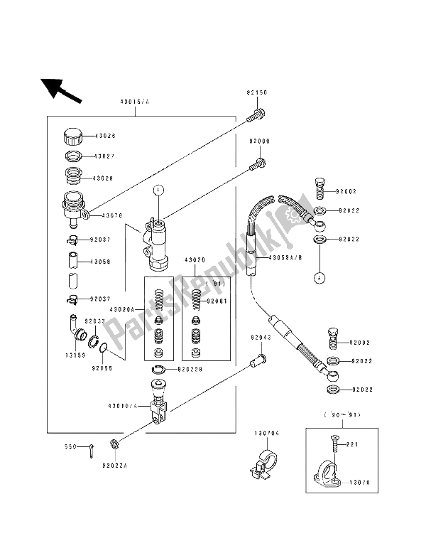 Tutte le parti per il Pompa Freno Posteriore del Kawasaki KX 500 1989