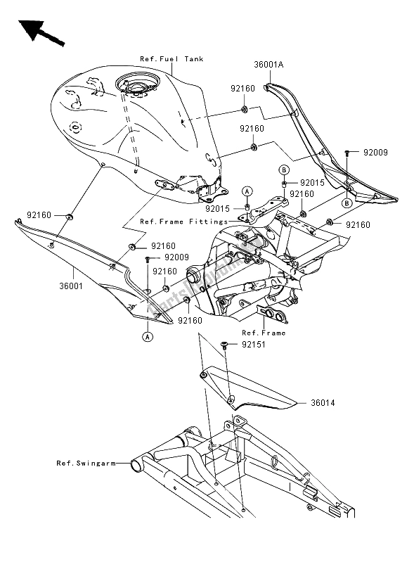 Alle onderdelen voor de Zijkap & Kettingkap van de Kawasaki ER 6F 650 2008