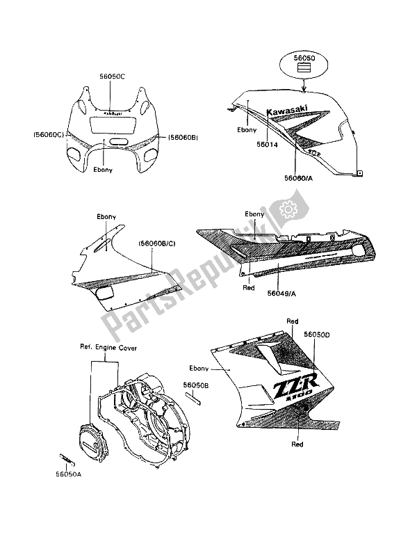 All parts for the Decal (ebony-red) of the Kawasaki ZZ R 1100 1992