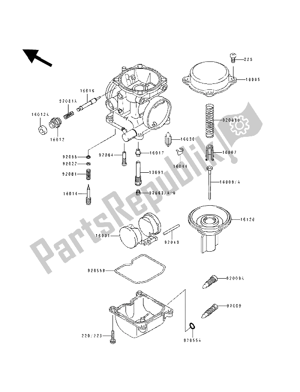 Alle onderdelen voor de Carburateur Onderdelen van de Kawasaki EL 250E 1991