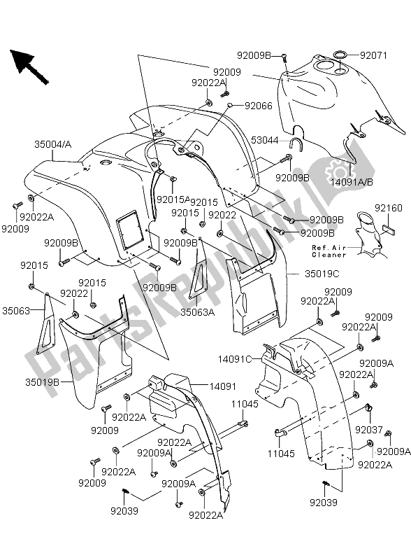 All parts for the Front Fender of the Kawasaki KVF 360 2003