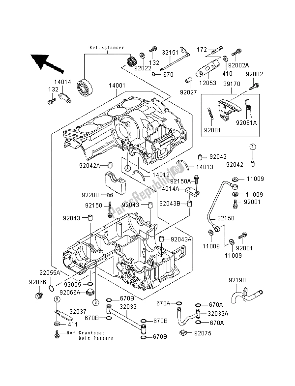 All parts for the Crankcase of the Kawasaki GPZ 1100 1998