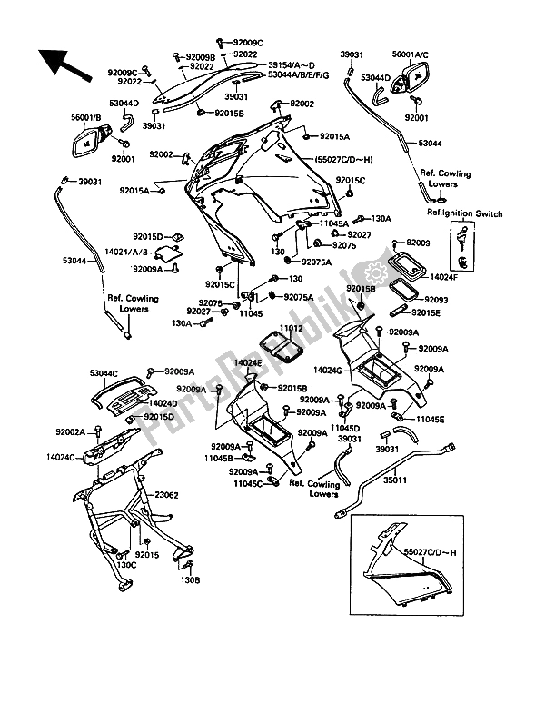 Alle onderdelen voor de Motorkap van de Kawasaki 1000 GTR 1990