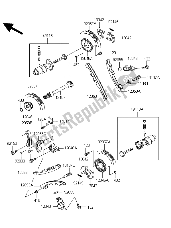 Alle onderdelen voor de Nokkenas (sen) En Spanner van de Kawasaki KFX 700 KSV 700B6F 2006