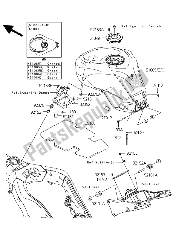 All parts for the Fuel Tank of the Kawasaki Ninja ZX 10R 1000 2008