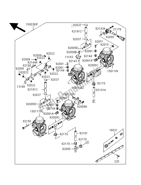 All parts for the Carburetor (1,4) of the Kawasaki Ninja ZX 9R 900 1999