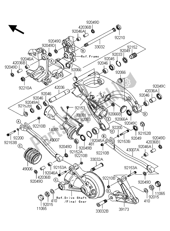 Alle onderdelen voor de Achterbrug van de Kawasaki 1400 GTR ABS 2010