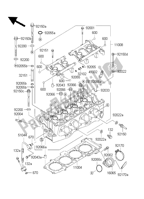 All parts for the Cylinder Head of the Kawasaki Ninja ZX 7R 750 2001