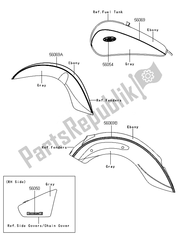 All parts for the Decals (gray & Ebony) of the Kawasaki VN 900 Classic 2014