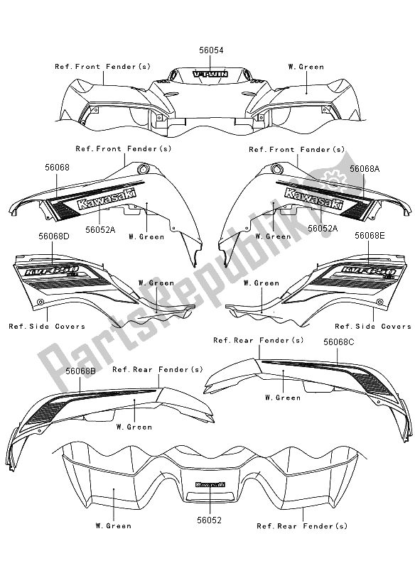 Alle onderdelen voor de Stickers (met Groen) (eu, Vk) van de Kawasaki KVF 650 4X4 2009